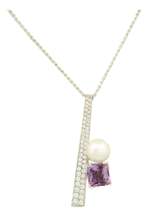 Koesia 18k White Gold 2.50ct Diamond Amethyst 9mm Pearl Pendant Necklace
