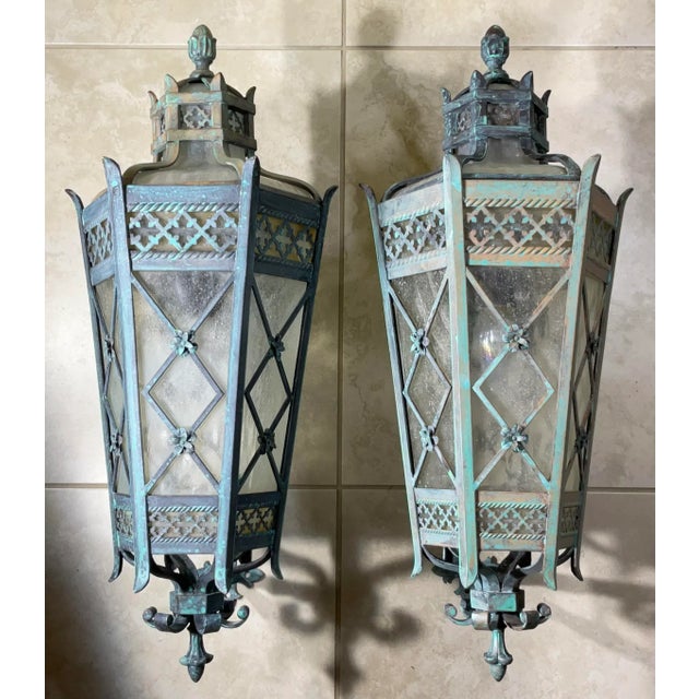 1980s Large Pair of Handcrafted Wall-Mounted Solid Brass Lanterns / Sconces For Sale - Image 17 of 18