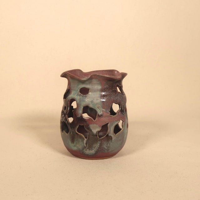 Late 20th Century Vintage Sculptural Studio Pottery Pierced Ceramic Vessel Candle Holder With Organic Drip Glaze For Sale - Image 5 of 18