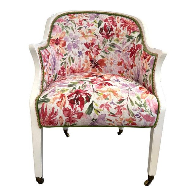 Vintage White Frame Armchair with Floral Upholstery Beautifully restored armchair featuring a crisp white wood frame and...