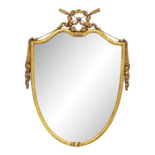 c1920s Shield Shape Arrows Coat of Arms Decorated Gilt Wall Mirror For Sale