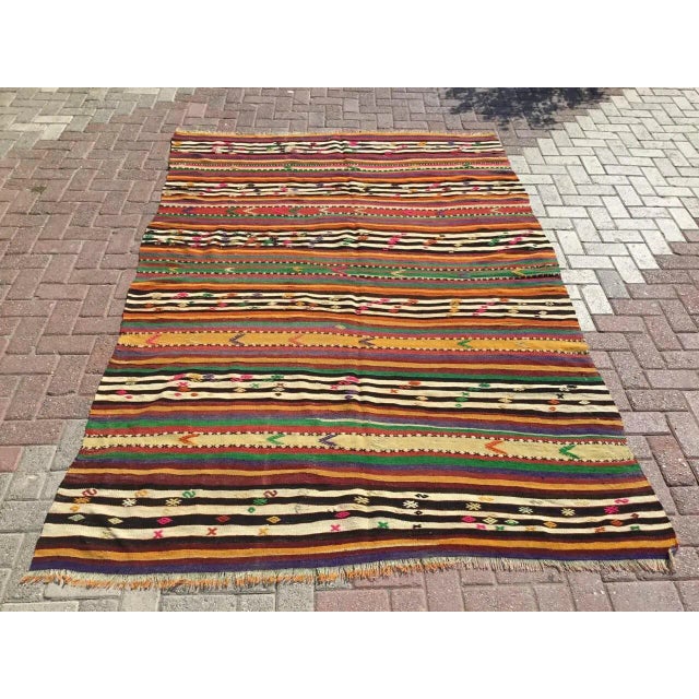 Orange Striped Vintage Turkish Kilim Rug - 72" X 103" For Sale - Image 8 of 8
