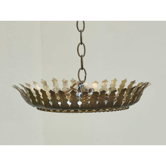 Mid 20th Century Mid 20th Century Spanish Gilt Metal Semi-Flush Crown Chandelier with Stylized Foliage For Sale - Image 5 of 12