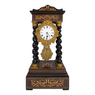 Late 19th Century Portico Barley-Twist Marquetry Mantel Clock, French, Ca. 1880 For Sale