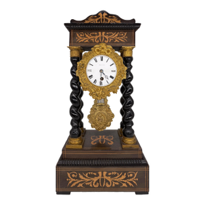 Late 19th Century Portico Barley-Twist Marquetry Mantel Clock, French, Ca. 1880
