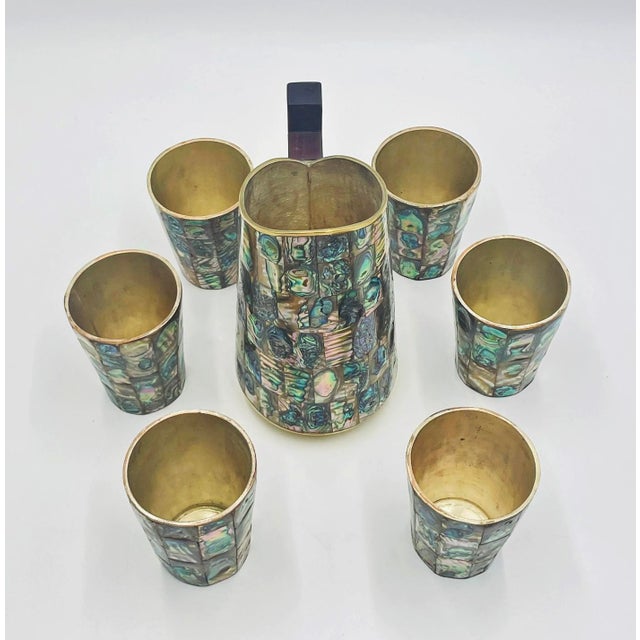 Wood Mid 20th Century Mexican Abalone Mosaic Brass Barware Set, Pitcher & 6 Glasses For Sale - Image 7 of 18