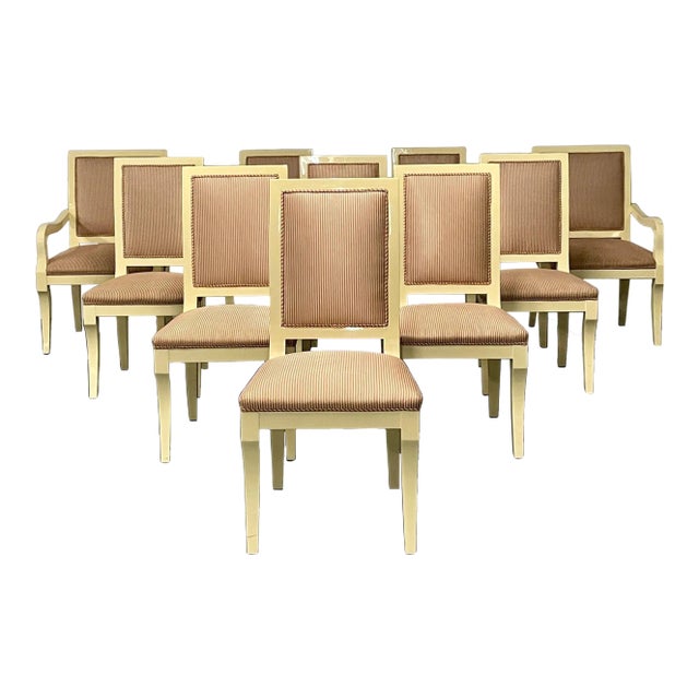 Ron Seff, White Lacquer, Striped Fabric, Ten Modern Dining Chairs, Usa, 1970s For Sale