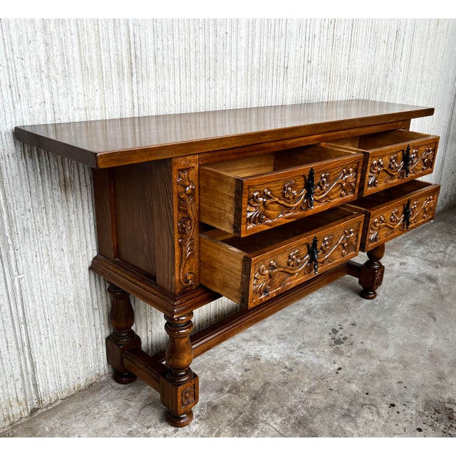Brown Spanish Console Chest Table With Four Carved Drawers and Original Hardware For Sale - Image 8 of 12