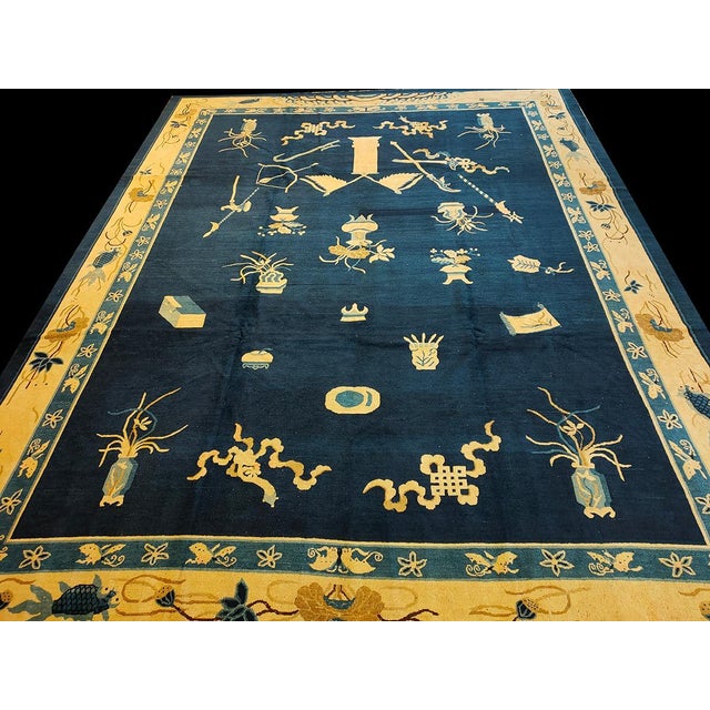 Traditional Sensational Navy Blue and Tan Color With Chinoiserie Pattern Antique Chinese Peking Rug For Sale - Image 3 of 7