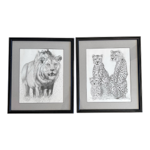 Pair of Wildlife Graphite Drawings – Lion & Cheetahs – Signed – Framed