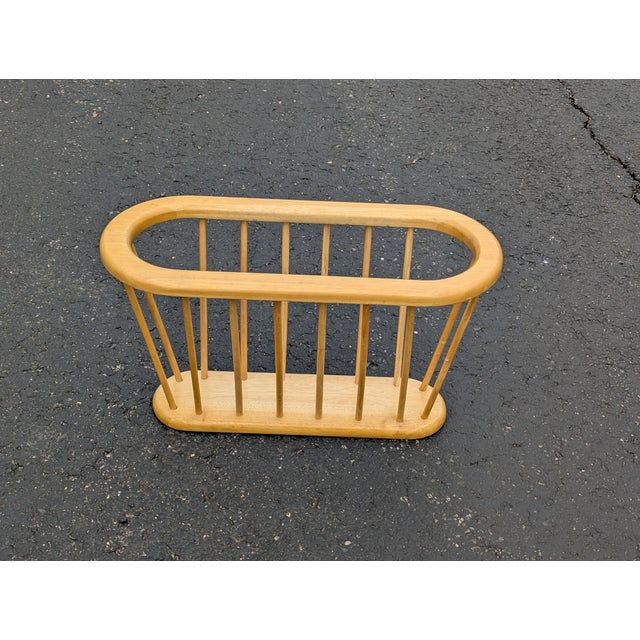 Mid-Century Modern Vintage Oak Spindle Magazine Rack | Mid-Century Modern Newspaper Vinyl Record Stand | Arthur Umanoff Style Wood Storage For Sale - Image 3 of 7