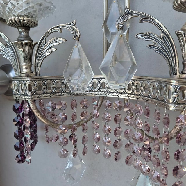 1940's Hollywood Regency Silvered Metal With Amethyst & Pink Cut Austrian Crystal Waterfall Wall Sconces a - Pair For Sale - Image 15 of 18