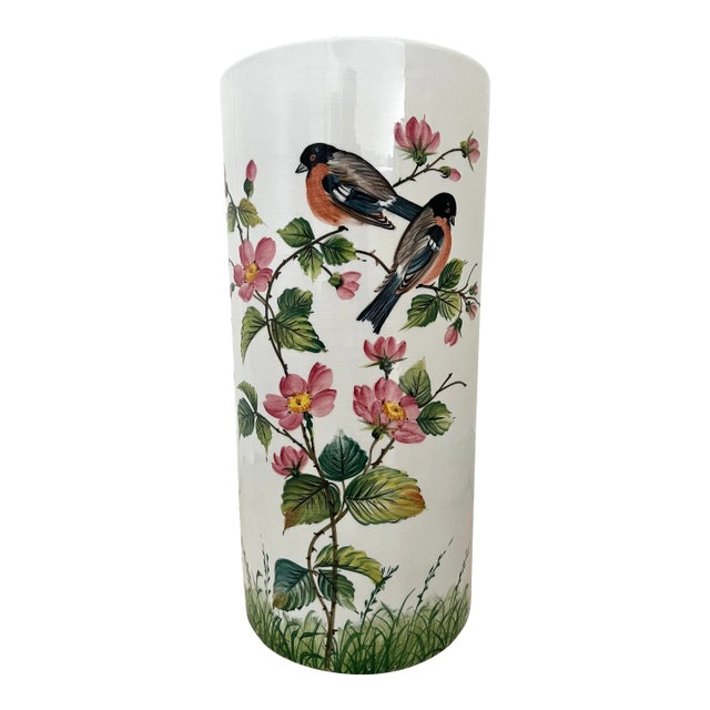 Tall Italian Hand Painted Floral and Bird Porcelain Umbrella Stand For Sale