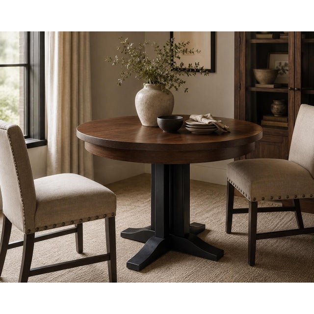 Vintage Solid Maple Round Pedestal Breakfast Table in Old Chapel Smoked Walnut & Obsidian Blue For Sale - Image 4 of 4
