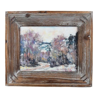 Snowy Woodland Impressionist Landscape Oil Painting Displayed in a Rustic Antiqued Wood Frame For Sale