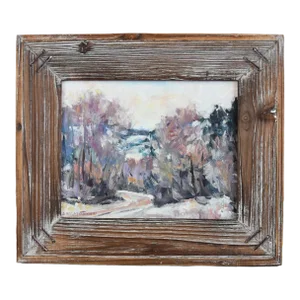 Snowy Woodland Impressionist Landscape Oil Painting Displayed in a Rustic Antiqued Wood Frame