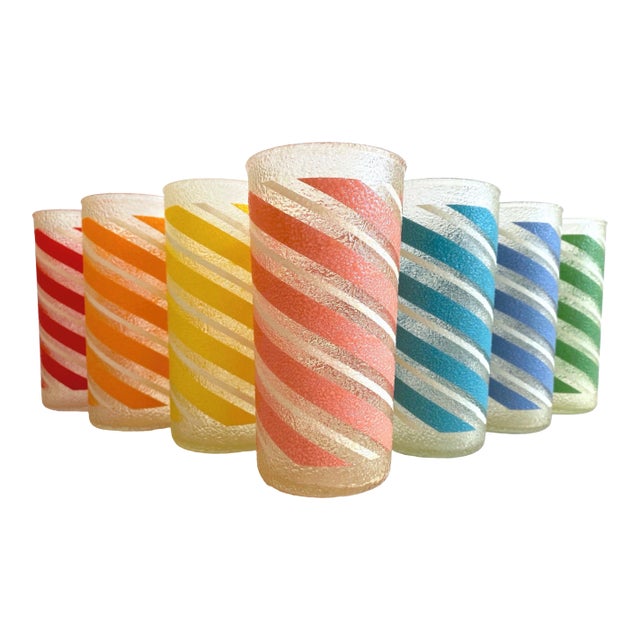 Vintage Mid Century Modern Candy Stripe Multicolor Frosted Tumbler Glasses- Set of 7 For Sale