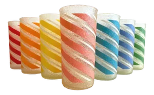 Vintage Mid Century Modern Candy Stripe Multicolor Frosted Tumbler Glasses- Set of 7