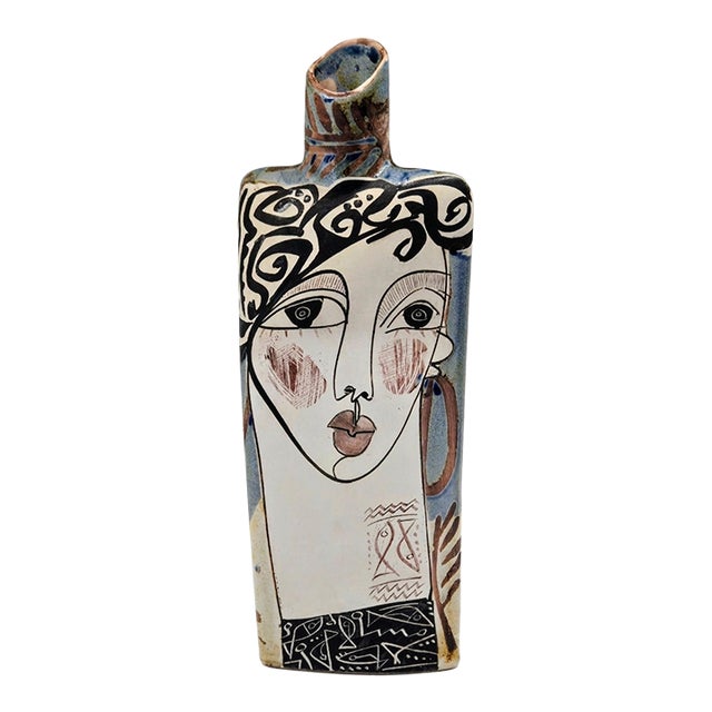Alfajar Ceramica Spanish Hand Painted Modernist Face Sgraffito Stoneware Vase For Sale