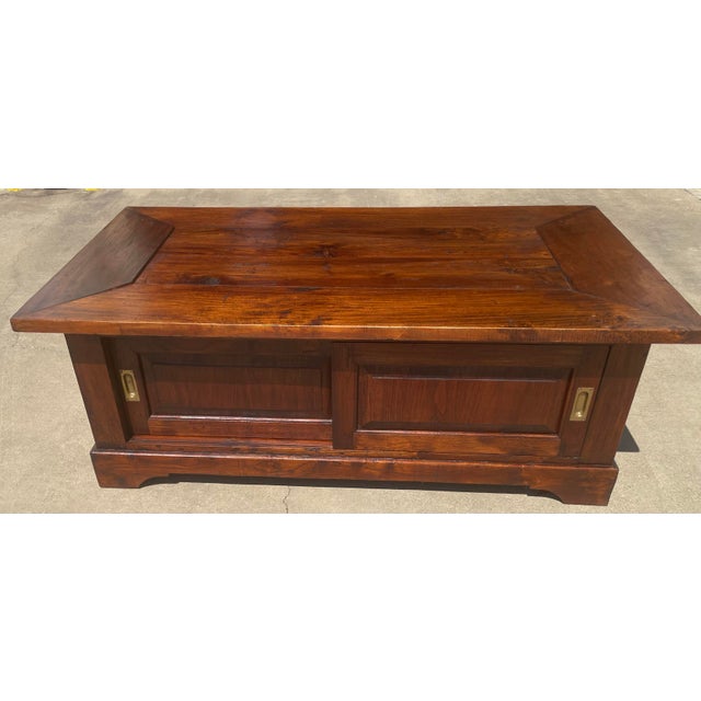 Wood Vintage Rustic Solid Wood Coffee Table With Sliding Doors For Sale - Image 7 of 10