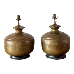 Vintage Hollywood Regency Engraved Brass Urn Table Lamps - a Pair
