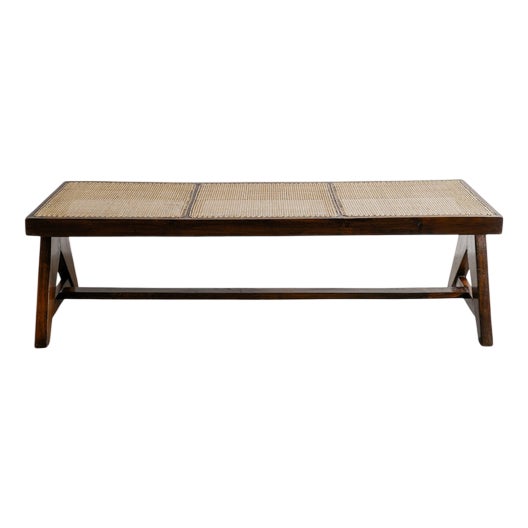 French Mid-Century Wooden Teak & Rattan Bench by Pierre Jeanneret, 1950s For Sale