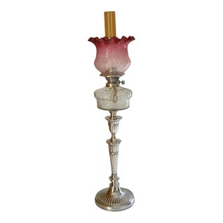 Antique 34" Victorian Silver-Plated Banquet Oil Lamp Hawksworth, Eyre & Co. (Sheffield) Cranberry Glass For Sale