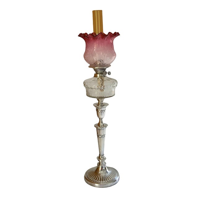 Antique 34" Victorian Silver-Plated Banquet Oil Lamp Hawksworth, Eyre & Co. (Sheffield) Cranberry Glass For Sale
