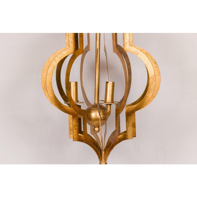 Mid 20th Century Mid Century Modern French Gilt Metal Three-Light Lantern with Scrolling Effects, Wired For Sale - Image 9 of 12