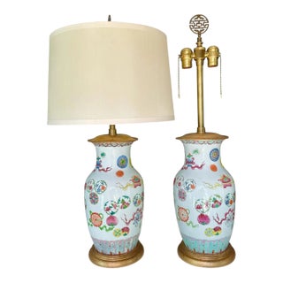 Pair 19th Century Chinese Marbro Famille Rose Porcelain Table Lamps For Sale