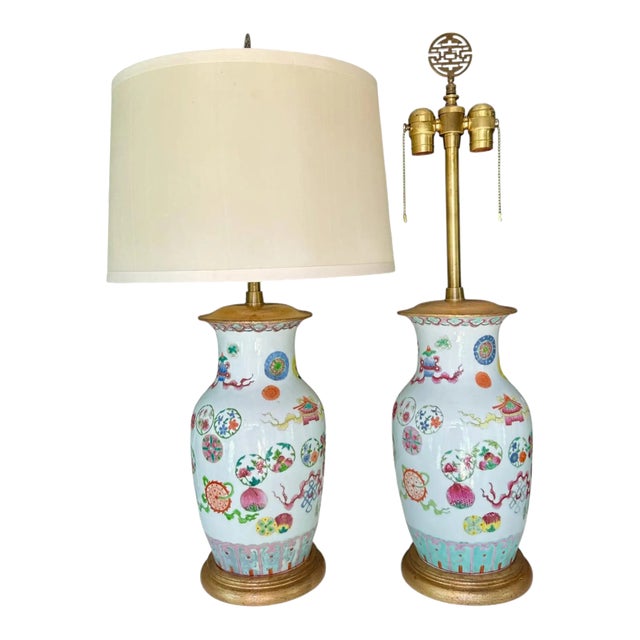Pair 19th Century Chinese Marbro Famille Rose Porcelain Table Lamps For Sale