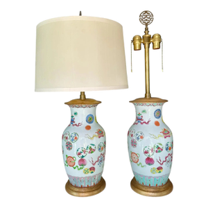 Pair 19th Century Chinese Marbro Famille Rose Porcelain Table Lamps