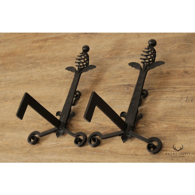 Quality Pair Of Hand Forged Iron Andirons For Sale - Image 11 of 12