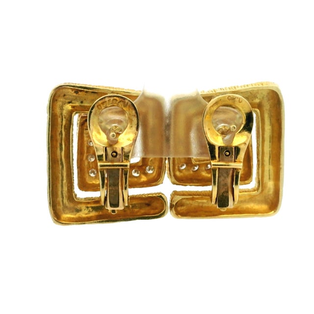 Gold Ilias Lalaounis 18k Gold Diamond Textured Geometric Earrings, Circa 1970s, A Pair For Sale - Image 8 of 16