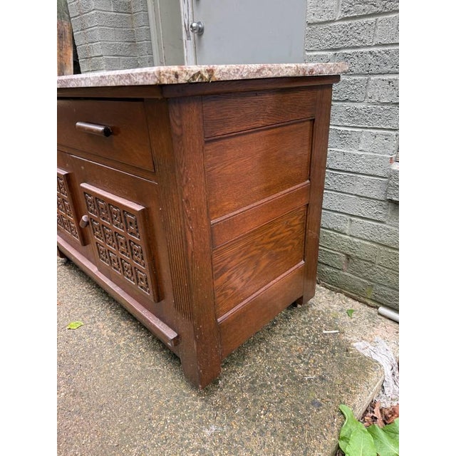 Antique French Art Deco Style Marble Top Oak Wood Cabinet Sideboard With Geometric Front For Sale - Image 12 of 18