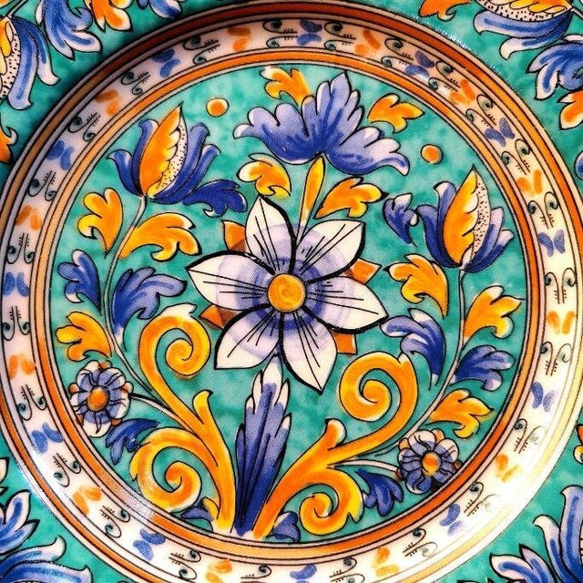2010s Vintage Majolica-Style Hand-Painted Ceramic Decorative Plate (Turquoise Floral Motif) For Sale - Image 5 of 5
