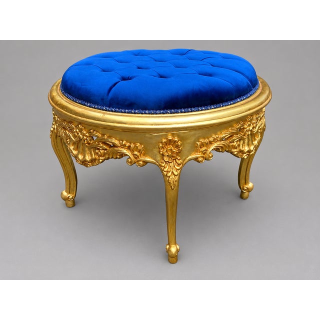 1980s Italian Rococo Gold Beech Blue Velvet Bench - 1 Pc For Sale - Image 9 of 12
