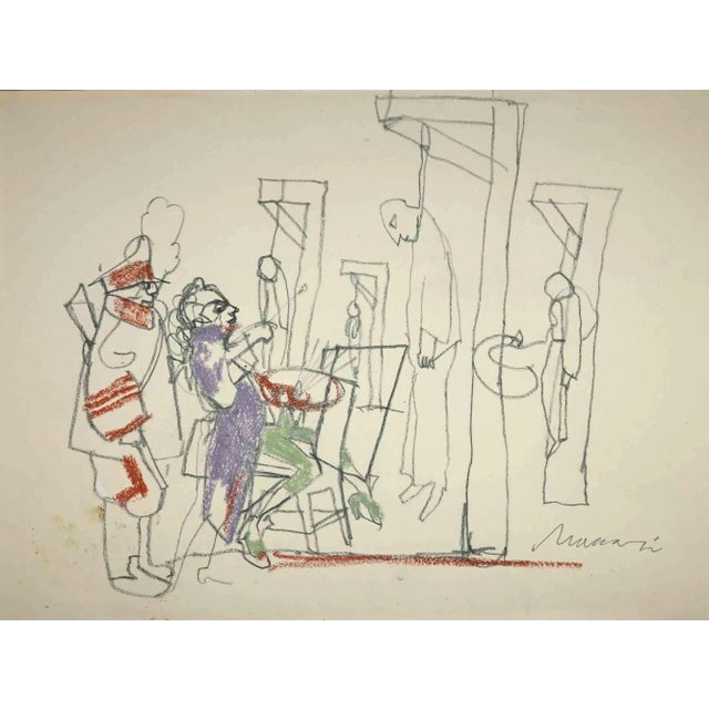 The Execution is an Original Drawing in pastel and pencil on creamy-colored paper realized by Mino Maccari in the mid-20th...