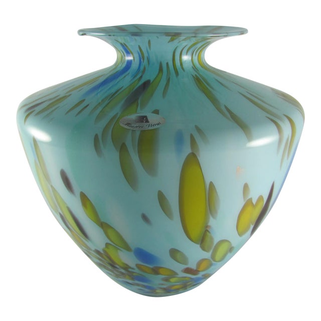Large Mouth Blown Cased Art Glass Florence Tuscany Italy Turquoise Baby Blue Citrine Copper Vase For Sale