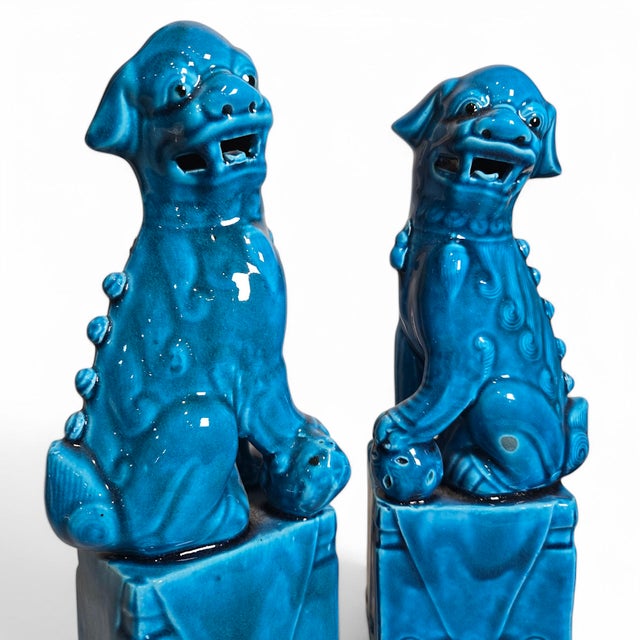 Hollywood Regency Vintage Pair of Turquoise Glaze Chinese Foo Dogs For Sale - Image 3 of 10