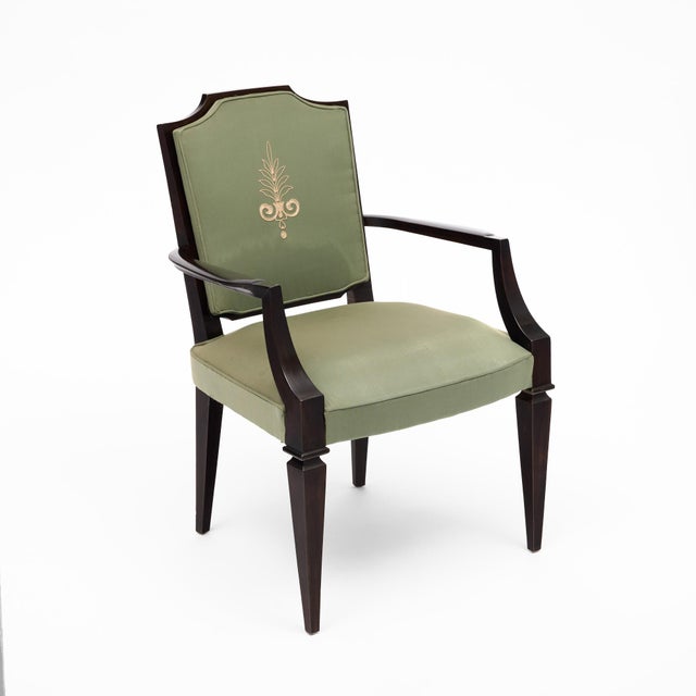 Art Deco Set of Four French Art Deco Ebonized Wood and Green Upholstered Armchairs For Sale - Image 3 of 9