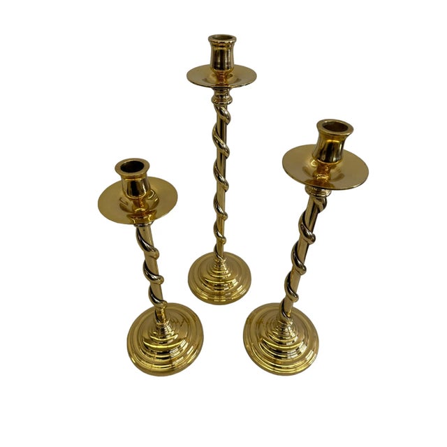 Campaign Set of Three Mid 20th Century Brass Barley Twist Candlesticks For Sale - Image 3 of 10