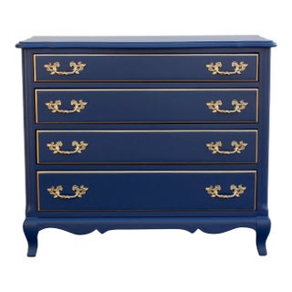 1970's French Style Blue and Gold Chest of Drawers in Satin Finish For Sale