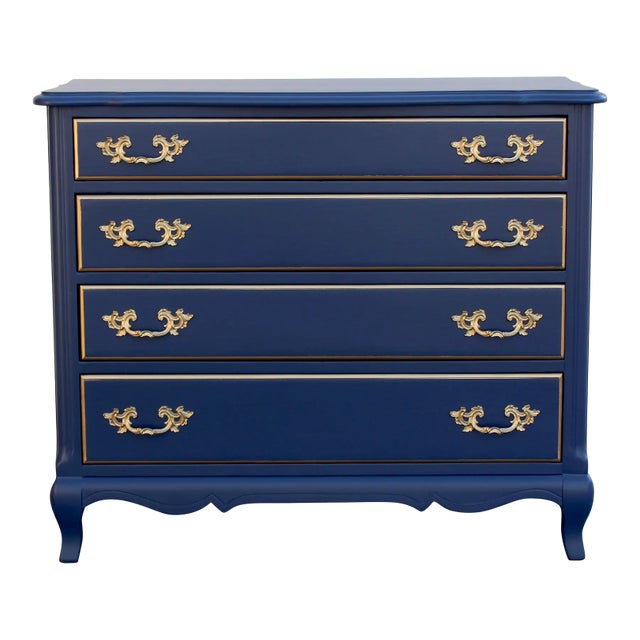 1970's French Style Blue and Gold Chest of Drawers in Satin Finish For Sale