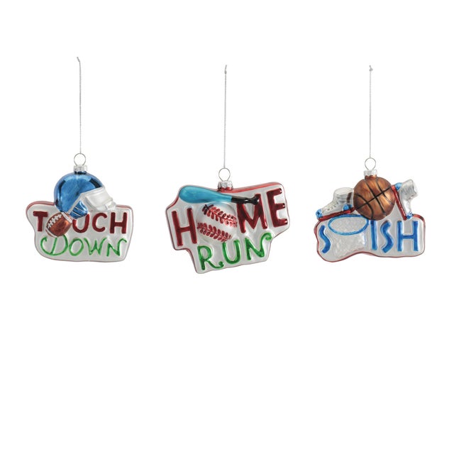 Score big this holiday season with this set of Glass Sports Ornaments! Each 3.5-inch ornament features a classic sports-...