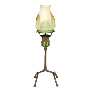 Antique Tiffany Studios Pulled Feather Favrile Glass Blown-Out Candlestick Lamp For Sale