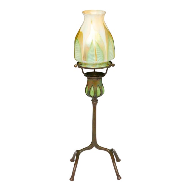 Antique Tiffany Studios Pulled Feather Favrile Glass Blown-Out Candlestick Lamp For Sale