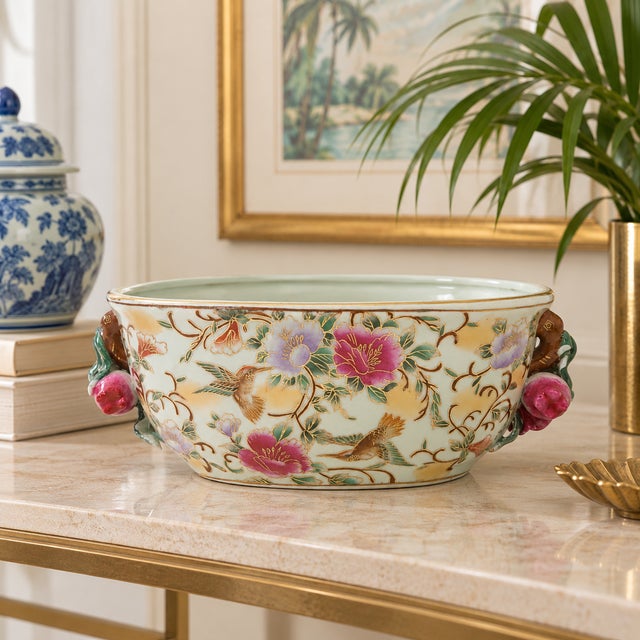 Chinese porcelain footbath or low jardinière featuring a pale celadon ground with elaborate hand-painted decoration in...