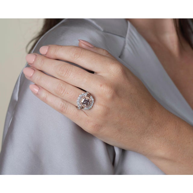 Gia Certified Radiant Cut Fancy Dark Brown Pink Diamond and Diamond Halo Ring Size 6.5 For Sale - Image 4 of 9