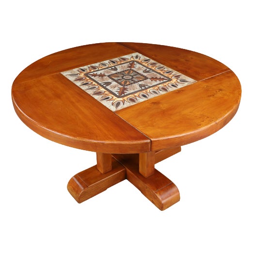 Mid-Century French Elm and Ceramic Dining Table by A. Picard, 1970s For Sale